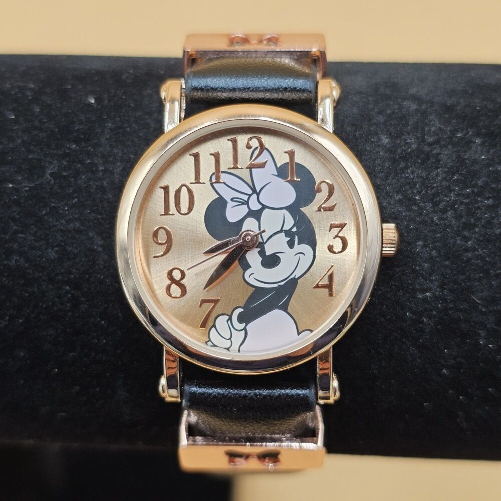 VTG Disney Minnie Mouse Watch MN5199CV Rose Gold Tone Black Strap New Battery